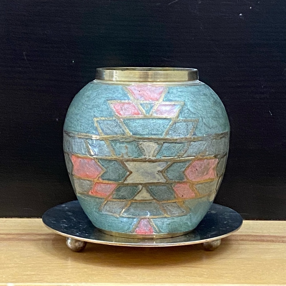 Vintage Brass Enameled Southwestern Style 3.25” Vase with Stand